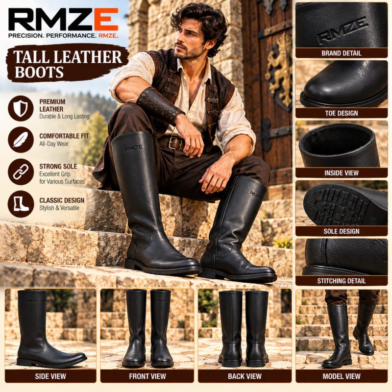 RMZE black tall medieval-inspired boots with rounded toes and a classic shaft design