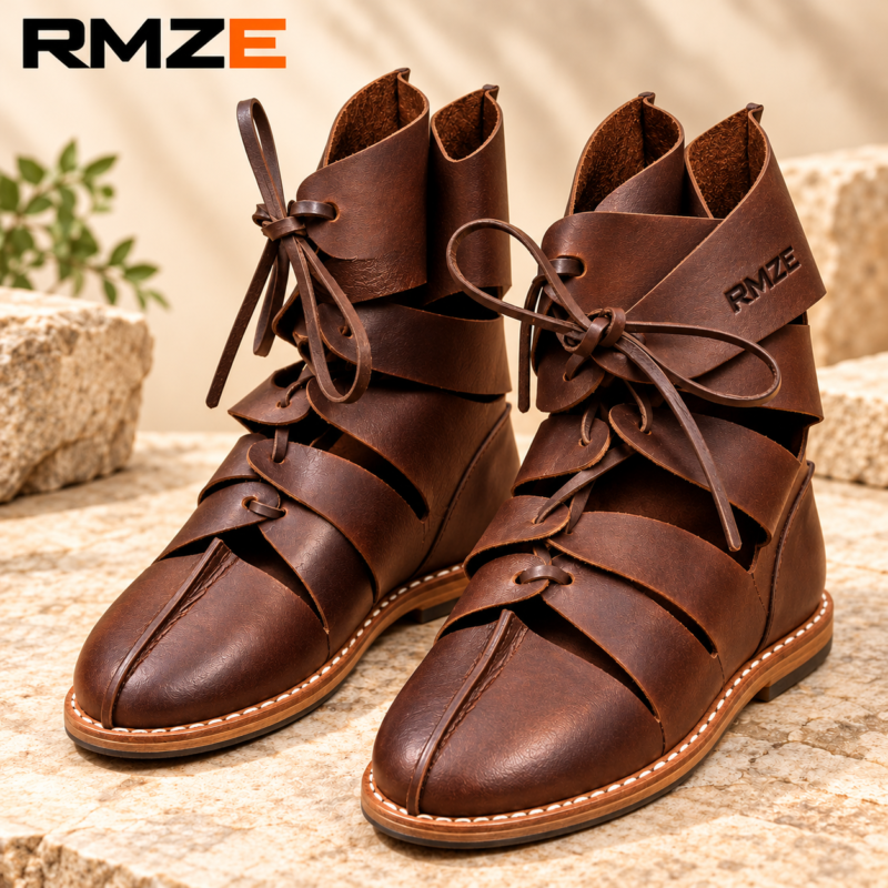 RMZE brown strappy medieval-inspired boots with overlapping upper panels and lace-up detailing