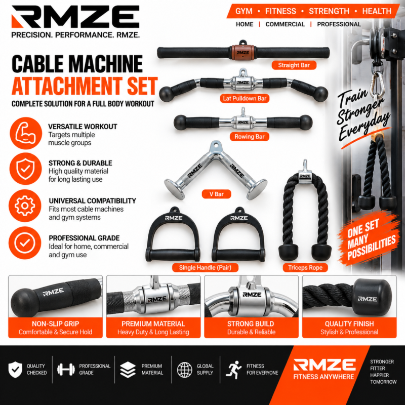 RMZE cable machine attachment set with straight bar lat pulldown bar rowing bar V bar handles and triceps rope