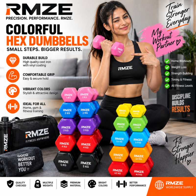 RMZE colorful hex dumbbells from 0.5 KG to 5 KG with vinyl coating