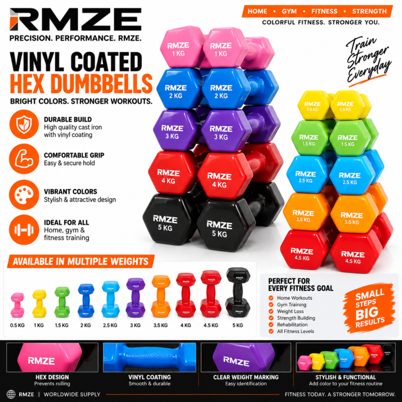 RMZE colorful hex dumbbells from 0.5 KG to 5 KG with vinyl coating