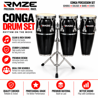 RMZE 3 piece black conga drum set with stand for schools bands and events