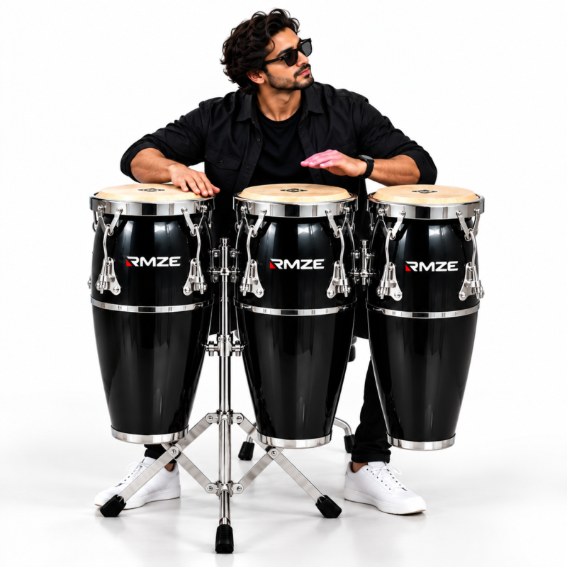 RMZE 3 piece black conga drum set with stand for schools bands and events