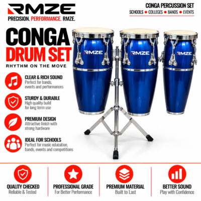 RMZE 3 piece blue conga drum set with stand for schools bands and events