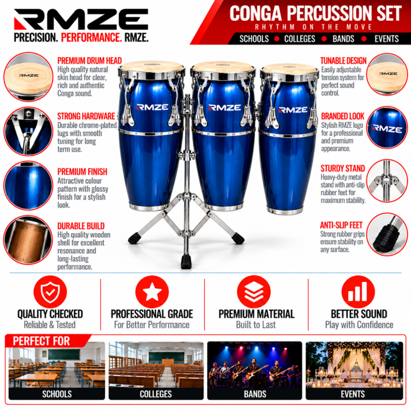 RMZE 3 piece blue conga drum set with stand for schools bands and events