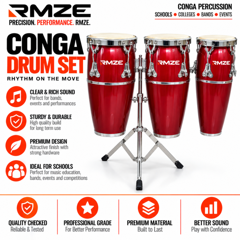 RMZE 3 piece red conga drum set with stand for schools bands and events