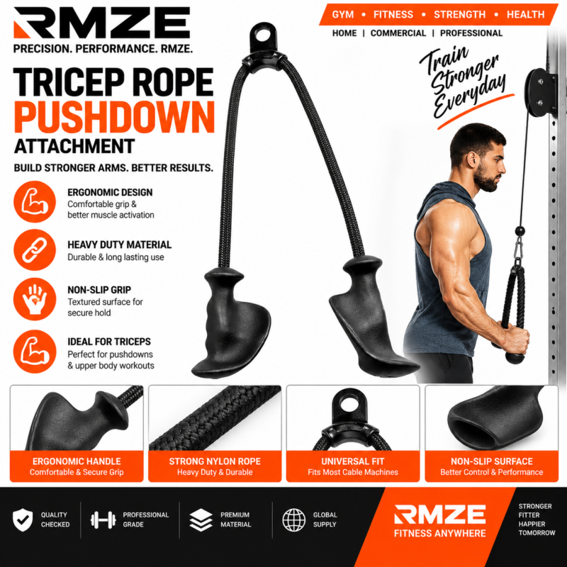 RMZE tricep rope pushdown attachment with ergonomic handles and strong nylon rope